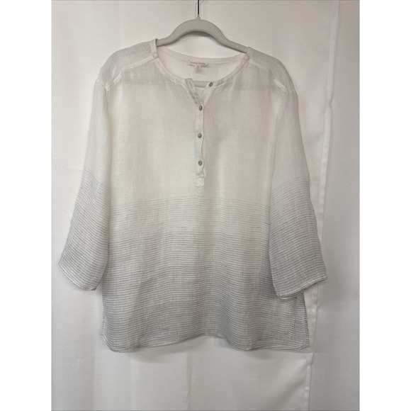 Eileen Fisher Tops - Eileen Fisher Linen Henley Blouse Top 3/4 Rolled Slv White Sheer Lightweight Art